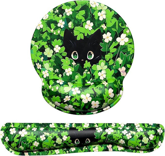 Dapesuom Keyboard Wrist Rest and Mouse Pad with Wrist Support, Cute Memory Foam Cushion for Keyboard and Mouse Set, Desktop Pad Rests with Non Slip Base for Easy Typing & Pain Relief, Anime Grass Cat