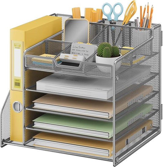 Lavatino 5-Tier Metal Mesh Desk Organizer with File Holder & 7 Customizable Compartments | Paper Letter Tray for Office or Home Desk Storage | Keep Workspace Supplies Neat & Organized, Silver