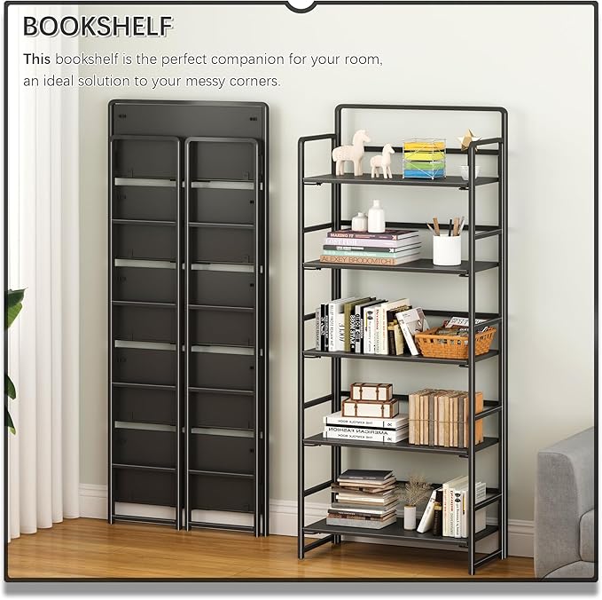 4NM No Assembly 5 Tiers Folding Bookshelf Storage Shelves Vintage Bookcase Standing Racks Study Organizer Home Office (All Black)