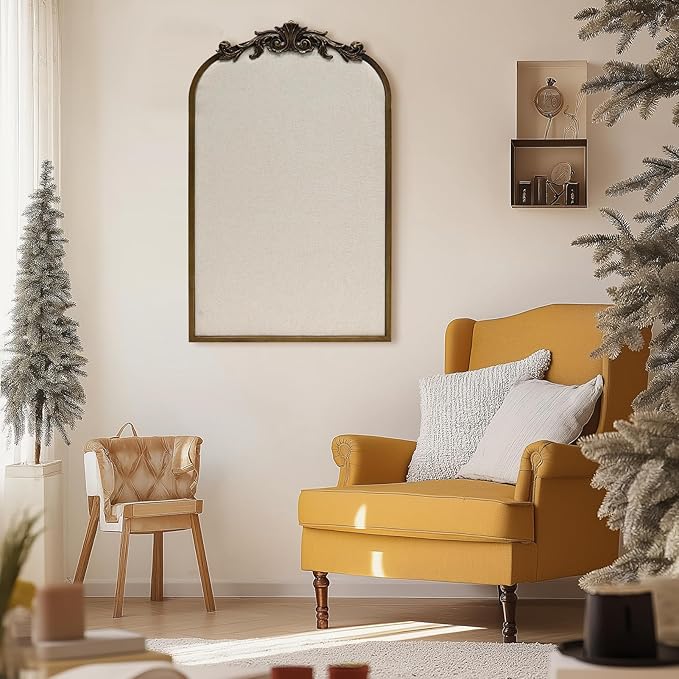 Arch Fabric Pinboard, Antique Gold Bulletin Boards 19"x31", Vintage Cork Board with Ornate Iron Frame for Wall Unique Display, Organization and Decor Options