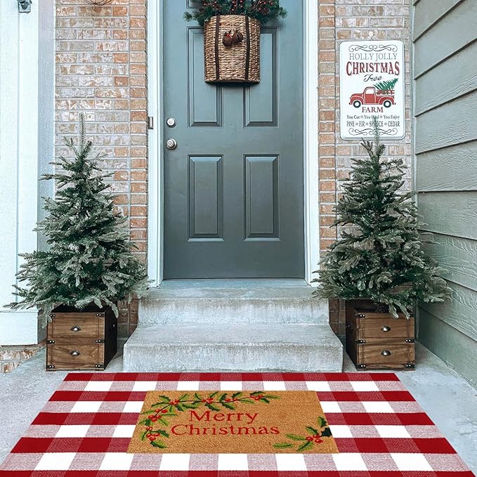 Christmas Red and White Plaid Rug, 3' x 5' Cotton Hand-Woven Layered Door Mat for Front Porch, Entryway, Outdoor Holiday Decor, Washable Buffalo Check Rug for Home, Patio, Kitchen