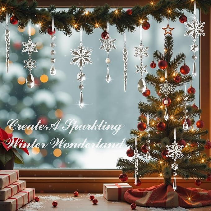 18PCS Clear Christmas Snowflake Icicle Hanging Ornaments Acrylic Crystal Christmas Tree Decorations with Drop Pendants for Xmas Winter Wonderland New Year Party Supplies
