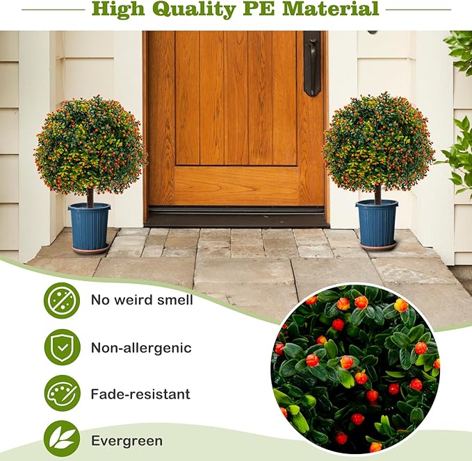Goplus 22'' Artificial Boxwood Topiary Ball Tree, Set of 2 UV Resistant Faux Potted Plants Artificial Shrubs Bushes with Orange Fruits, Fake Evergreen Artificial Topiary for Home Front Porch Decor