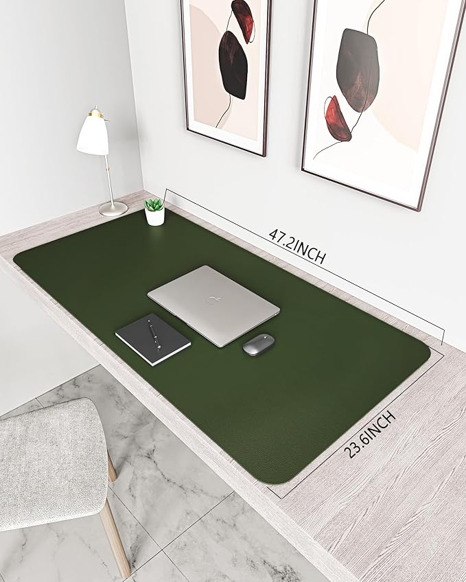 YSAGi Non-Slip Leather Desk Pad XL Size, Waterproof Laptop Computer Desk Keyboard Mat, Table Protector Blotter Mat, Large Mouse Pad for Office/Work/Home/Decor(Olive Green, 47.2" x 23.6")-No Band