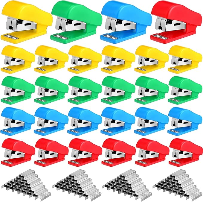 Fainne Mini Stapler with Staples, Portable Multicolor Small Stapler, Hand Held Desk Staplers, Cute Office Supply Set for Office College, 4 Colors (Classic Color,60 Pcs)