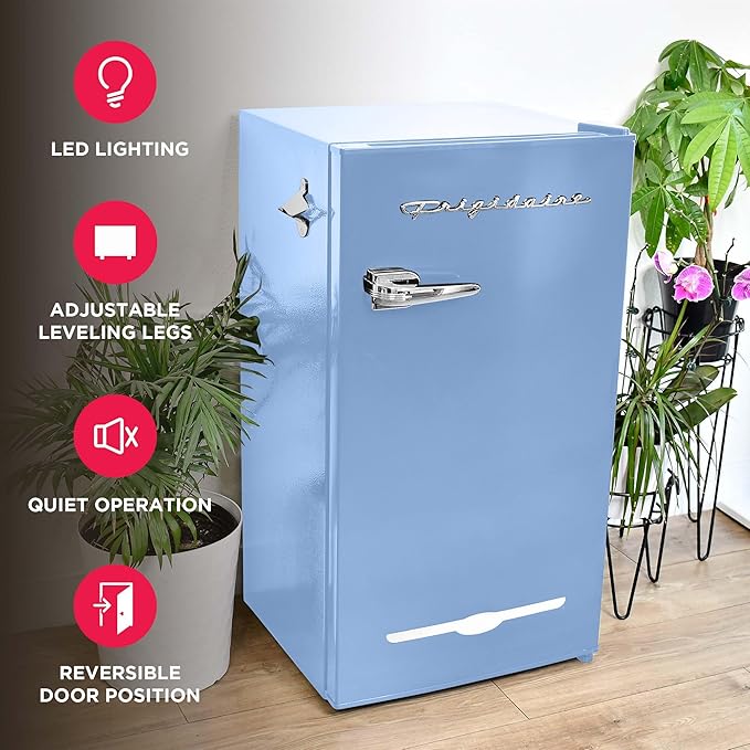 Frigidaire Retro Compact Fridge with Chiller, 3.2 cu ft Countertop Fridge with Built-In Bottle Opener, Compact Refrigerator for Office, Bedroom, Dorm Room or Cabin - 16.5" D x 19" W x 31" H (Blue)