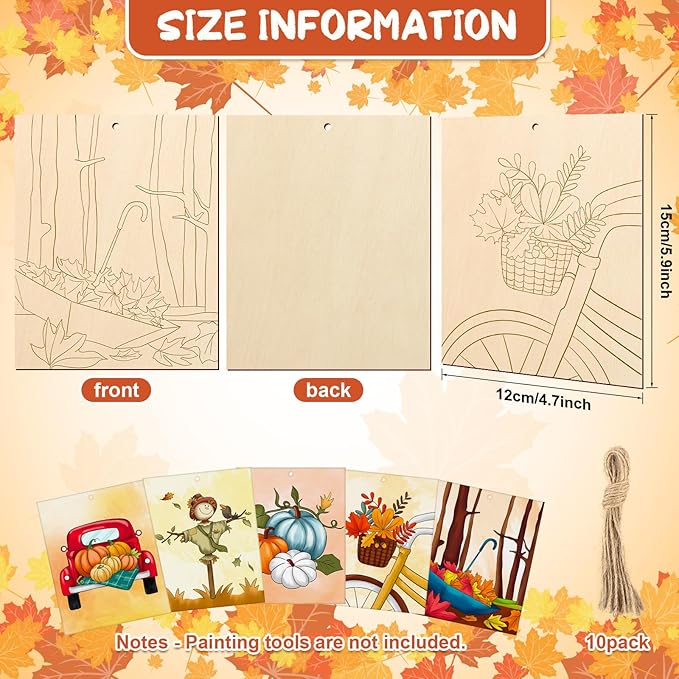 COCHIE 10PCS Large Fall Unfinished Wood Crafts to Paint for Adults Kids, Bulk Predrilled Wooden Ornaments for Painting, Pumpkin Scarecrow Maple Leaf Paintable Wood Slices Craft Supplies with Ropes