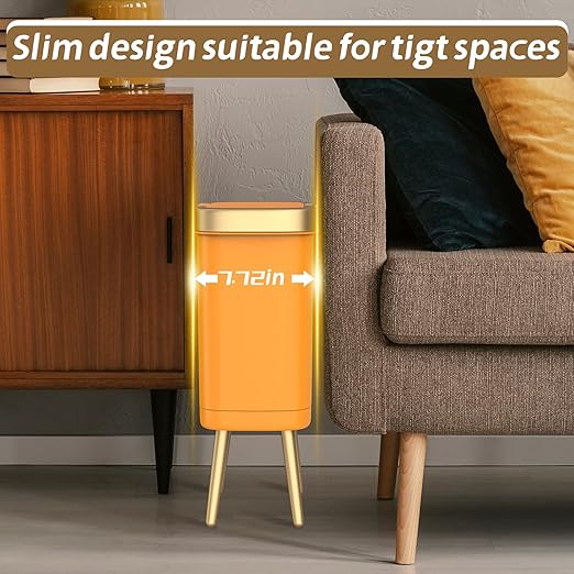 Bedroom Trash Can with Lid,Slim Bathroom Trash Cans with Lids, Dog Proof Trash Bin with Press Top Lid,Modern Gold Trash Can Plastic Waste Basket for Living Room, Office,Kitchen, 4 Gal-Orange