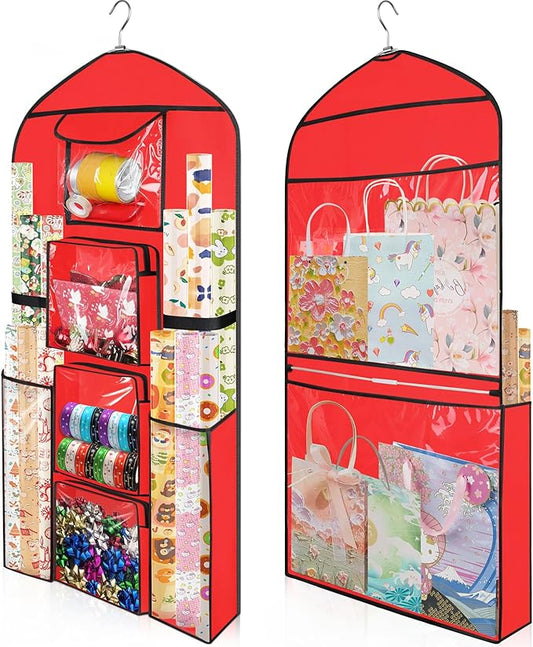 Hanging Gift Wrapping Paper Storage, 48x24 (Extra Large) Red Double-Sided Christmas Wrapper Bag Container, Oxford Long Craft Roll Organizer, Present Wrap Holder for Closet, Door