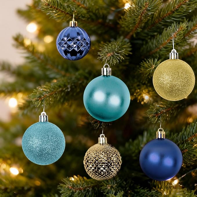 Christmas Tree Decorations Ornament Set, 60ct 2.36 Inches Blue and Gold Shatterproof Christmas Ball Ornaments, Hanging Ball for Xmas Holiday Wedding Party Decor