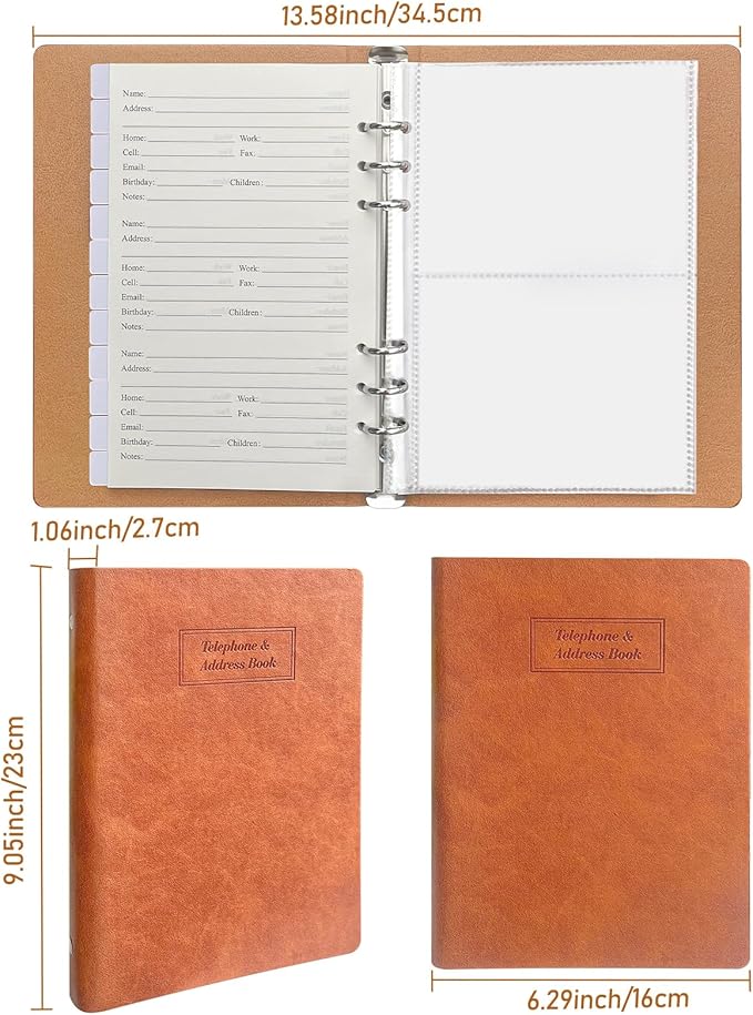 Happyaokeland Refillable Address Book with Alphabetical Tabs, Hardcover Phone Book 648 Contact Book w/Pockets, Large Print Address Books for Seniors, A5, Brown