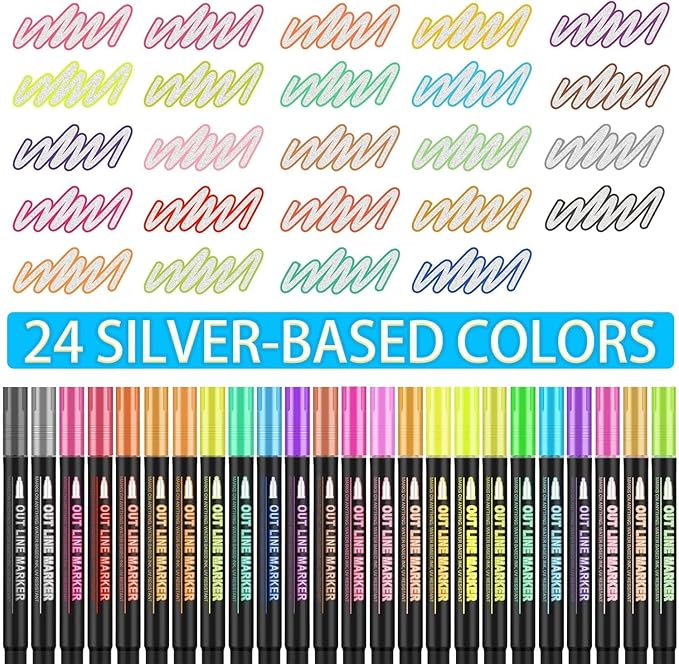 Shimmer Markers Double Line Outline Markers, 24 Color Squiggles Set for Drawing, Art School Supplies, Cards Lettering, Gift for 4-12 Year Old Girl