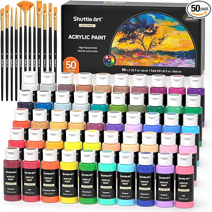 Shuttle Art Acrylic Paint, 50 Colors Acrylic Paint Set, 2oz/60ml Bottles, Rich Pigments, Water Proof, Premium for Artists, Beginners and Kids on Canvas Rocks Wood Ceramic Fabric