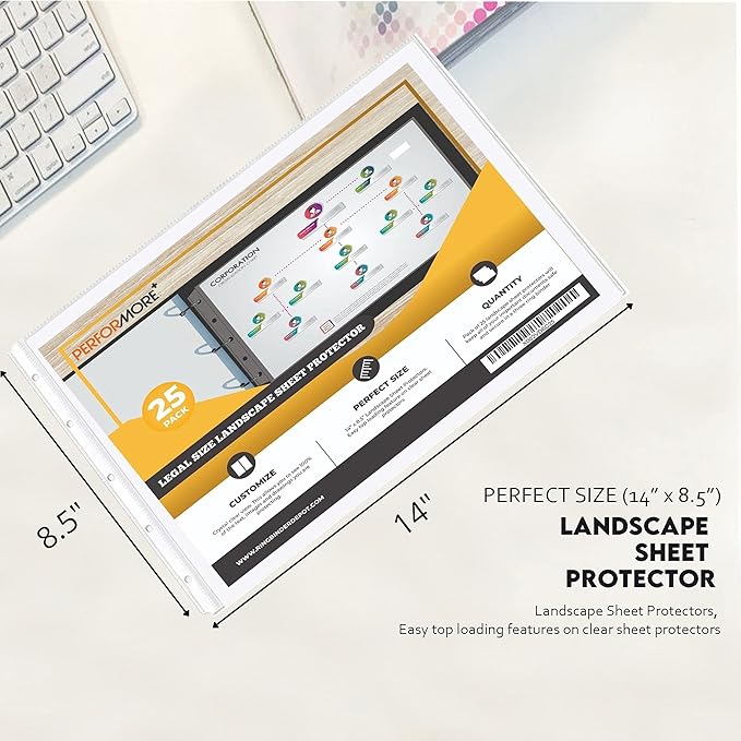 PERFORMORE Pack of 8.5” x 14” Heavyweight Landscape Sheet Protectors, Legal Paper Sleeves, Clear Archival Quality, Horizontal Legal Size Clear Sheet Protectors for Binders Documents (25)