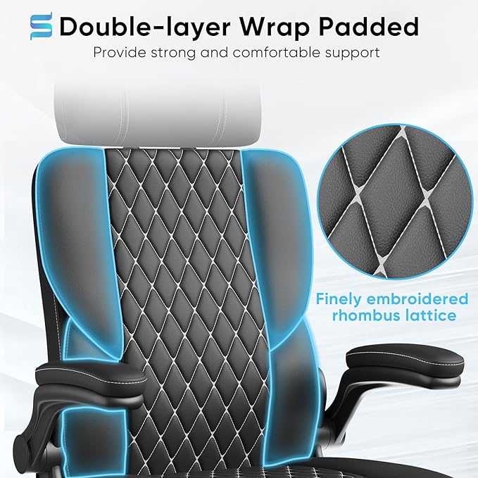 Sytas Executive Leather Office Chair, Comfy Desk Chair with Adjustable Headrest & Flip-up Padded Arms & Lumbar Support, Adjustable Hight and Tilt, Rolling Swivel Chair, Black