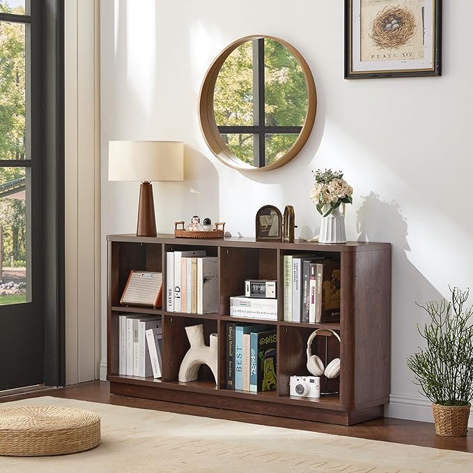 8 Cube Bookcase, 52" Long Horizontal Book Shelf w/Curved Edge, Floor Standing 2-Tier Cubby TV Stand Bookshelf with Wooden Base, Farmhouse Low Storage Cabinet for Living Room, Office, Walnut