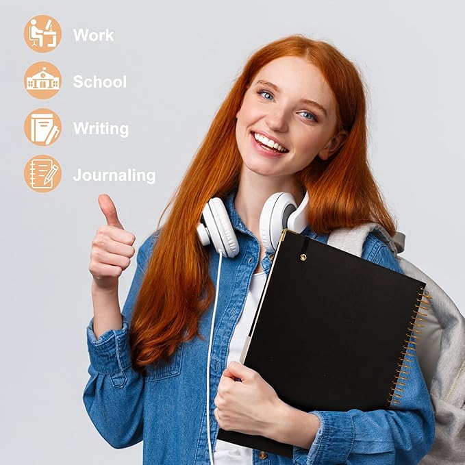 FLYING EAGLE Black Spiral Notebook College Ruled 8.5 X 11 with Tab Stickers Large Hardcover Notebooks for School Supplies A4 Note Book Journal Notebooks for Work Note Taking Office, 200 Pages