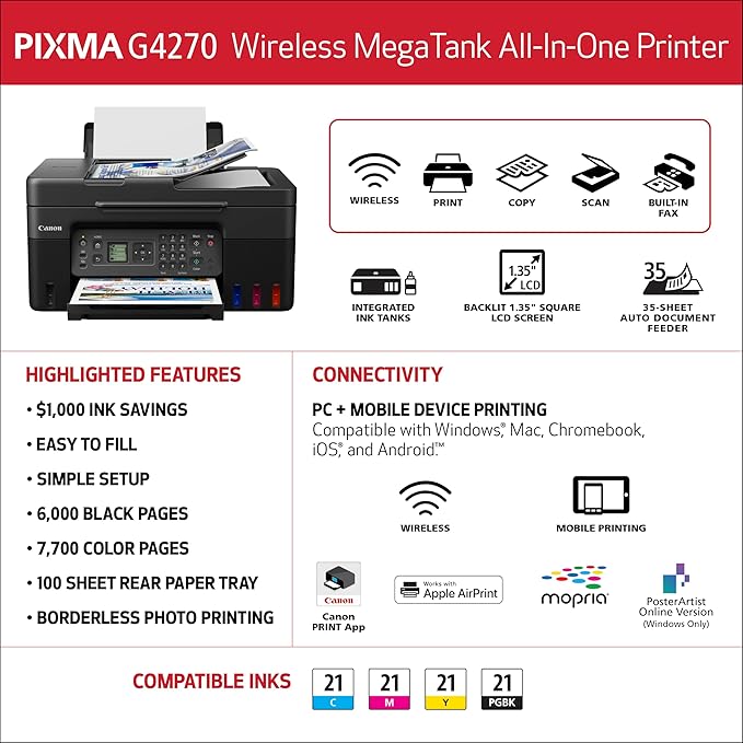 Canon Megatank G4270 All-in-One Wireless Supertank Printer |Print, Copy, Scan and Fax|with Airprint and Mopria Printing|Auto Document Feeder and Backlight 1.35" Square LCD Screen