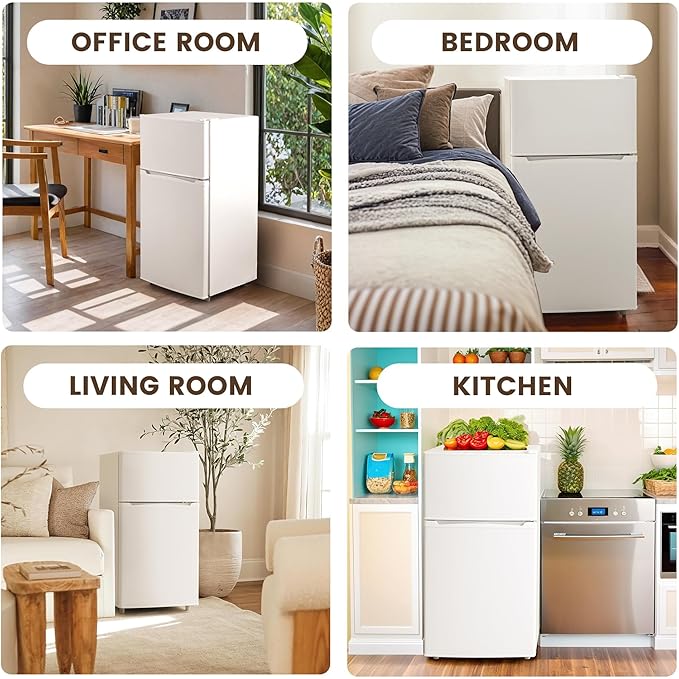 3.55 Cu.Ft Mini Fridge with Freezer, Small Fridge with 2 Doors for Office, Kitchen, Dorm and Bedroom, Mini Refrigerator with Adjustable Shelves (White)
