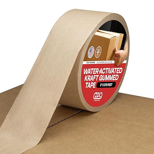 IDL Packaging 3" x 375 feet Reinforced Water-Activated Kraft Gummed Tape 70lb Thickness - Secure Paper Packing Tape for Secure Carton Sealing - Heavy-Duty for All Conditions, Brown