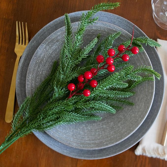 Artificial Faux Christmas Norfolk Pine Stems Branches for Vases,12 Bundles Fake Evergreen Real Touch Greenery Stem with 3 PCS Red Berry Branches for Xmas Holiday Winter Table Indoor Decor