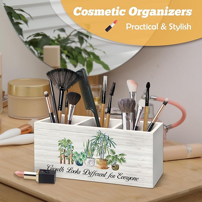 Mental Health Inspirational Pen Holder Organizer for Desk Accessories, Growth Looks Different for Everyone Motivational Wooden Box Desk Decorations for Therapy Counselor Office Decor