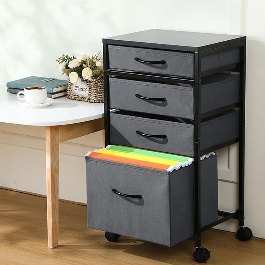 Chunful 4 Drawer Rolling File Cabinet Mobile Printer Stand Metal Cart with Fabric Vertical Filing Chest Wheels A4 Letter Size Under Desk Utility Craft Storage Organizer for Home Office(Grey)