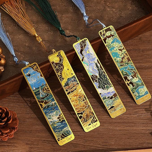 4 Pieces Metal Bookmarks with Tassel, Golden Hollow Bookmark Oil Painting Theme Book Mark Bookmarks for Book Lovers Writers Readers Children Teens for Women Adults Teen