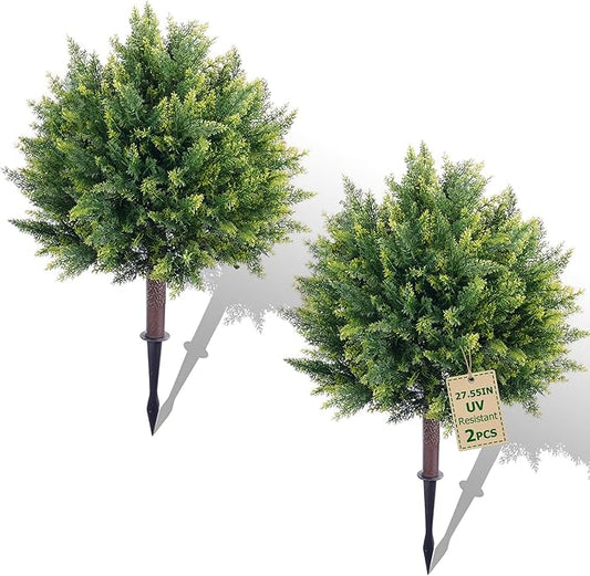 28inch Artificial Cedar Christmas Tree, Norfolk Pine Tree. 2 Sets Faux Cypress Topiary with Spikes Outdoor Christmas Tree Front Porch Decor, Fake Shrubs Planters, Christmas Pot fillers urn Filler