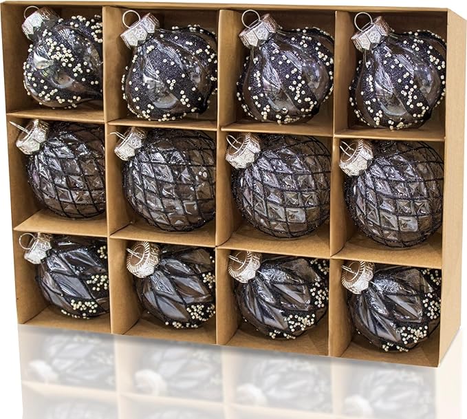 12 PCS Clear and Black Christmas Ball Ornaments, 80mm/3.15 Inches Rustic Farmhouse Christmas Decorations, Large Shatterproof Luxury Hand-Painted Xmas Ornaments for Christmas Tree, Wedding