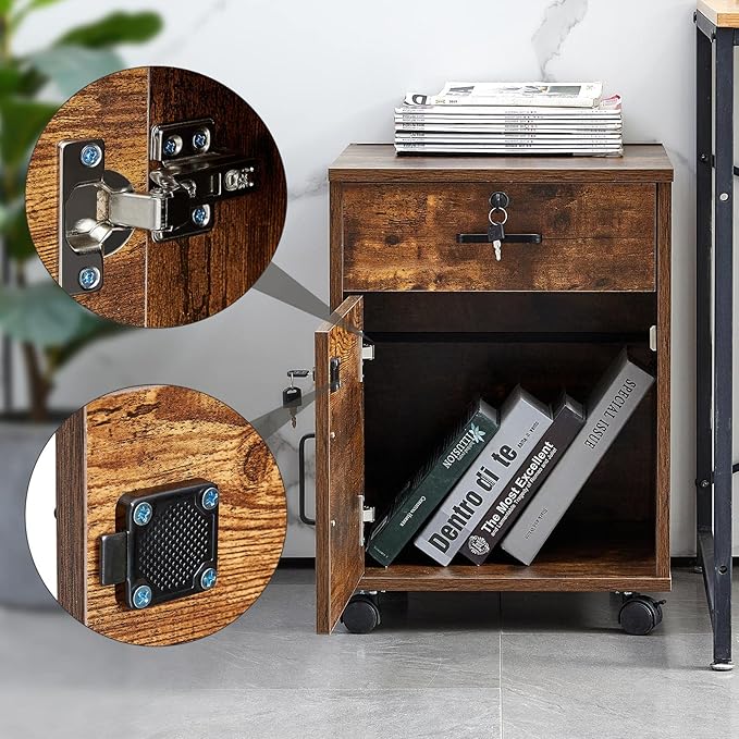 CLIPOP Rolling Storage Cabinet with Drawer, Home Office Cabinet with Lock, Under Desk Storage Cabinet for Office (Rustic Brown)