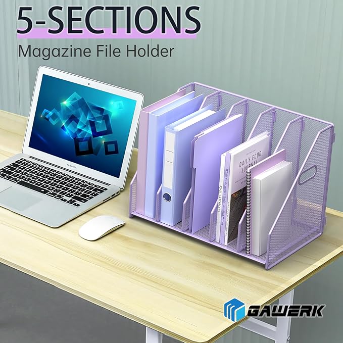 Desk File Organizer Metal Desk Magazine Folder Holder with 5 Vertical Compartments Rack File Organizer for Office, Home, School (Purple)