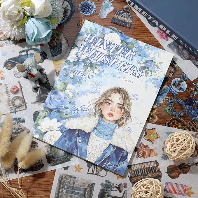 Winter Scrapbook Stickers 20 Sheets 240 Pre-Cut Washi Stickers for Journaling PET Transparent Book Sticker Decorative or DIY Paper Crafts, Arts and Crafting Projects