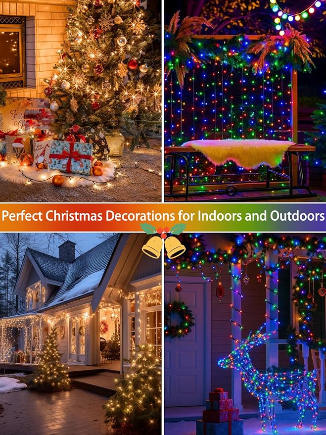 2 Pack Warm White to Multicolor Christmas Lights Indoor Outdoor, Super Bright 66FT 200 LED String Lights Waterproof, Twinkle Xmas Light with Timer for Bedroom Party Christmas Tree Decorations