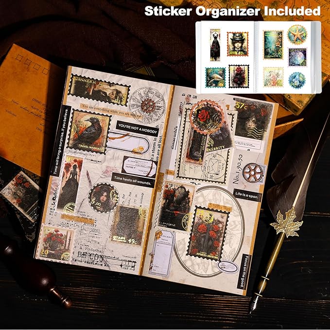 120Pcs Stamp Washi Stickers, Gold Foil Designs for Scrapbooking, DIY Crafts, Vintage Journaling Supplies, Junk Journal Ephemera, Includes Organizer