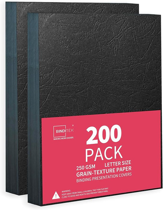 Binditek 200 Pack 13 Mil Grain-Texture Paper Binding Presentation Covers, 8.5 x 11 Inches, 250 GSM, 90lb, Un-Punched, Letter Size, Black, Office Supplies