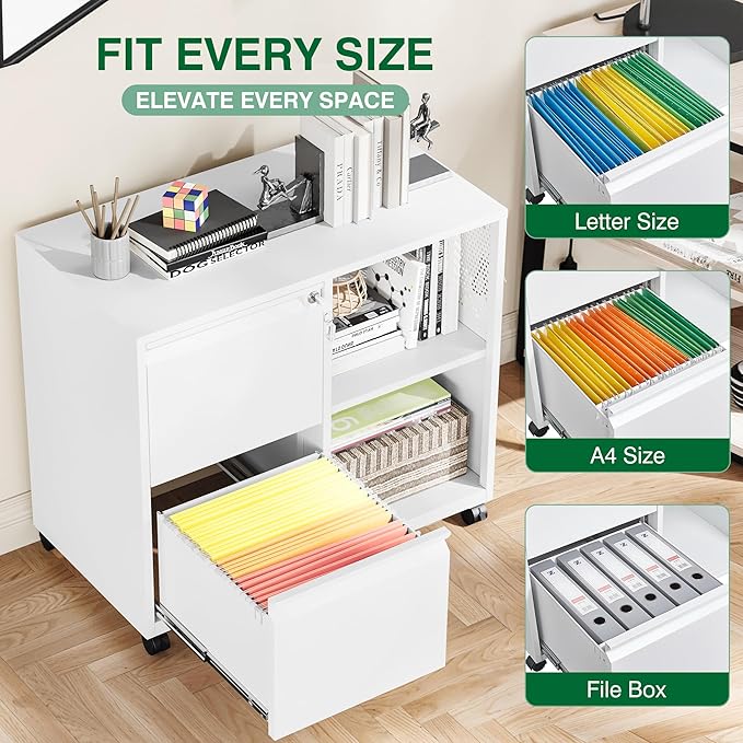 Metal File Cabinet,Lockable Lateral Filing Cabinet for Letter/A4 Size Files,Rolling Printer Stand with Adjustable Shelf & Lockable Wheelss for Home Office(White)