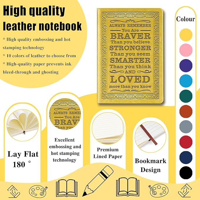 Yellow A5 Lined Leather Journal Notebook,Inspirational Leather Journal Notebook for Men Women,200 Pages 100 Gsm Thick Ruled Paper Daily Diary for School,Travel,Business,Work (Yellow)