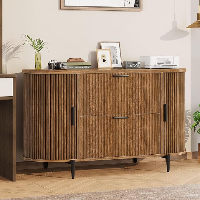 SEDETA 2 Drawer File Cabinet, 39.4" Filing Cabinet for Home Office, fit Legal/Letter/A4 Size, Light Luxury Fluted Filing Cabinets with 2 Sliding Door Storage, Printer Stand, Brown