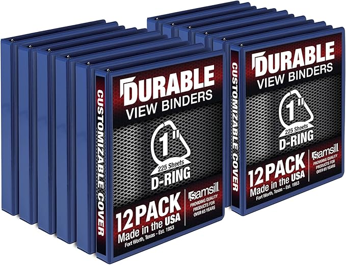Samsill Durable 1 inch 3 Ring Binder, Made in USA, D Ring Binder, FSC 100% Recycled Chipboard, Blue, 12 Pack