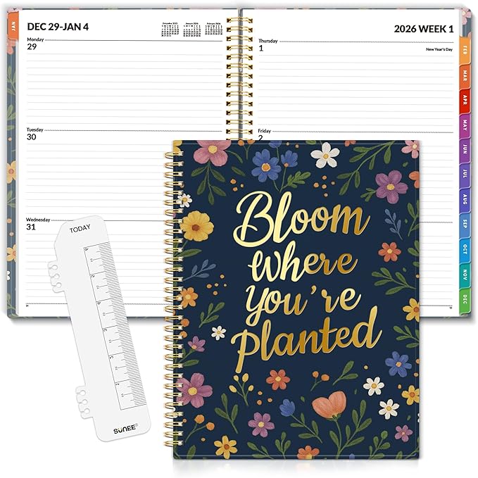 SUNEE 2026 Weekly and Monthly Planner - from January 2026 - December 2026, 8.5"x11" Daily Agenda Planner with Monthly Tab, Flexible Cover, Note Pages, Pockets, Bookmark, Spiral Binding, Navy Flower