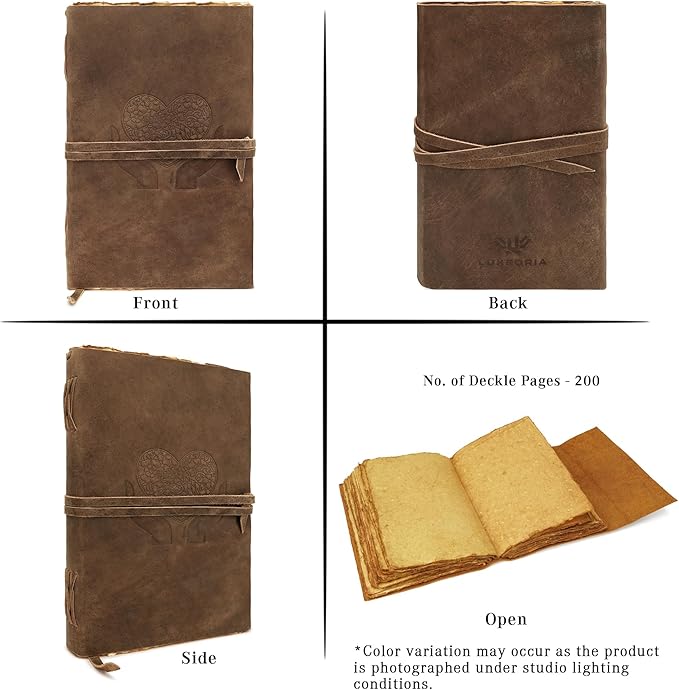 LUXEORIA Heart Journal for Women and Men, Handcrafted Leather Journal for Writing Womens, Sketchbook, Travel Diary with Unlined Deckle Paper, Distressed Brown 8x13