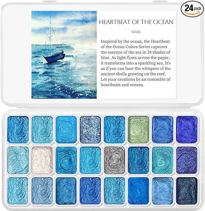 Mini Glitter Watercolor Paint Set with Paper, 24 Colors Shimmer Metallic Watercolour Painting Sets, Solid Pearl Water Color Paints for Adult, Kids, Blue 1ml Trial Pack(Heartbeat of the Ocean)