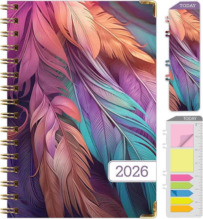 HARDCOVER 2026 Planner, 5.5"x8": 14 Months (November 2025 - December 2026), Daily Weekly Monthly Planner, Yearly Agenda, Bookmark, Pocket Folder and Sticky Note Set (Pastel Peacock)