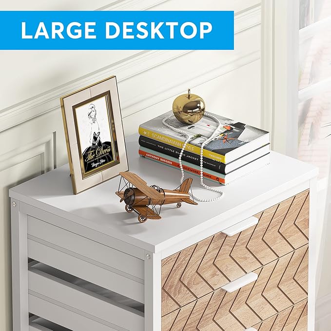 Tribesigns 5 Drawer Chest, Wood Storage Dresser Cabinet with Wheels, Industrial Storage Drawer Organizer Cart for Office Bedroom Entryway (Beige & White, 1 PC)