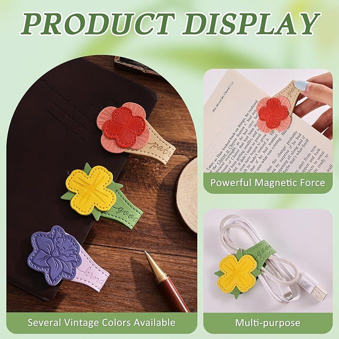 3 PCS Fruit of Spirit Magnetic Leather Bookmarks, Floral Patterns (Patience Kindness Goodness) of Galatians, Bible-Inspired Page Markers, Double-Sided, Gift for Book Lovers, Students, Book Accessories