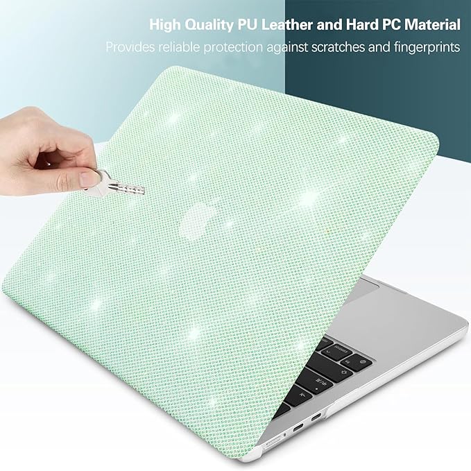 KEROM Glitter Case for MacBook Pro 14 inch 2025-2021 M5 M4 M3 M2 M1 Chip A3434 A3112 A3185 A3401 A2918 A2992 A2779 A2442, Luxury Bedazzled Sparkle PU Leather Hardshell & Keyboard Cover, Bling Green