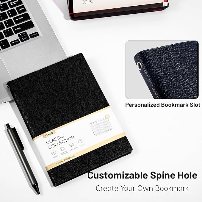 CAGIE Lined Journal Notebook for Men & Women,176 Pages A5 Medium Size Softcover Leather Journals for Writing,Travel,Business,Work & School, 100 GSM Thick Paper (5.7'' x 8.3'') (Black)