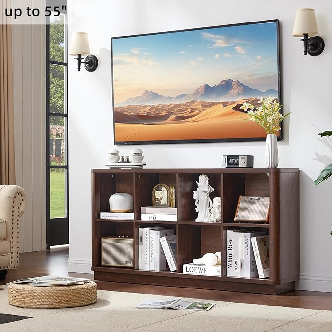 8 Cube Bookcase, 52" Long Horizontal Book Shelf w/Curved Edge, Floor Standing 2-Tier Cubby TV Stand Bookshelf with Wooden Base, Farmhouse Low Storage Cabinet for Living Room, Office, Walnut