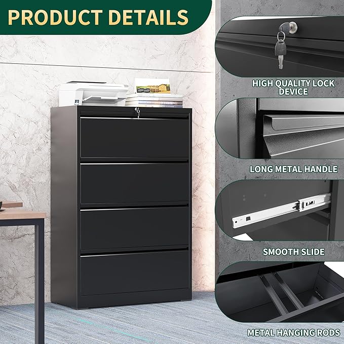 4 Drawer Lateral File Cabinet with Lock, Metal File Cabinets for Home Office, Steel Heavy-Duty Filing Storage Cabinet for Letters/Legal/A4 (Require Assembly, Black)